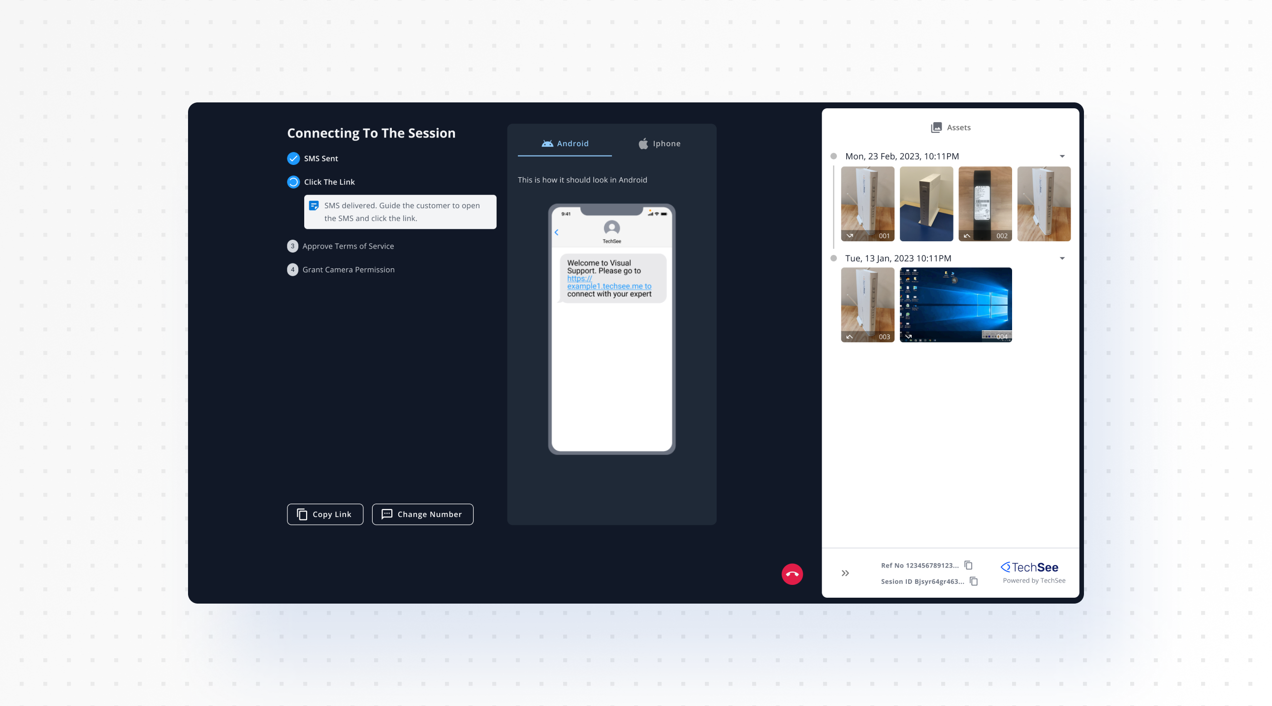 Session connection: the numbered step checklist next to a preview of what the customer sees on their device.